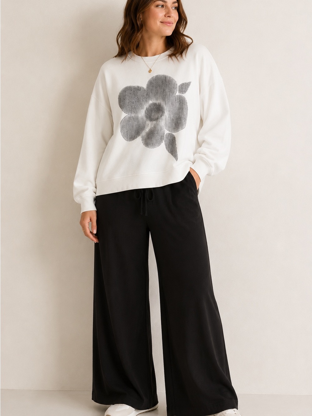 Desigual XL White Floral GraphicSweatshirt Oversized Cotton Pullover Cozy Casual